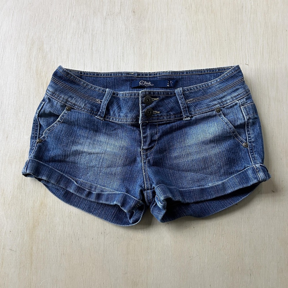 Y2K PINK Denim Shorts Womens 7 30W Blue Hot Pants Cuffed Stretch Summer Casual
